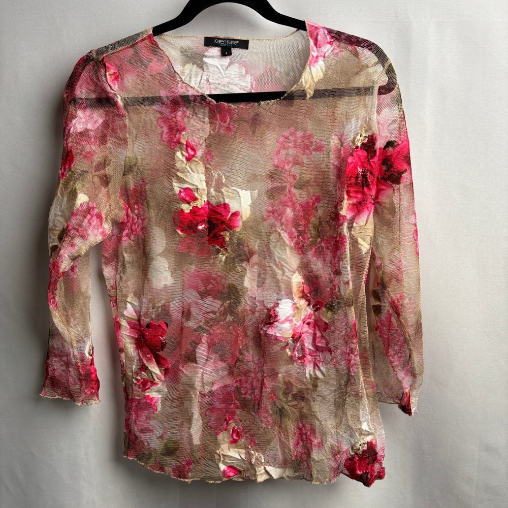 Karen Kane Pink Floral Sheer Mesh Top 3/4 Sleeve L Forest Fairy Ethereal Y2K *